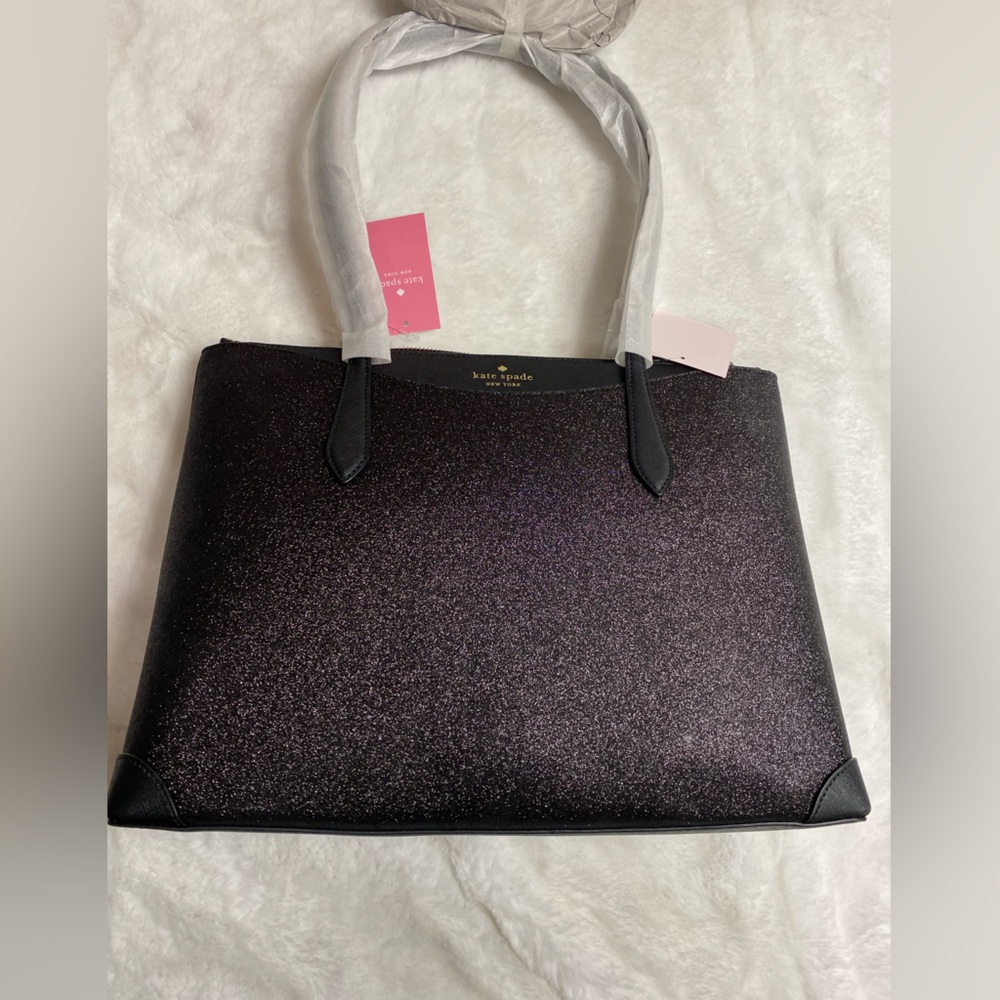 NWT KATE SPADE WOMEN'S GLITTER FABRIC BLACK LARGE TOTE